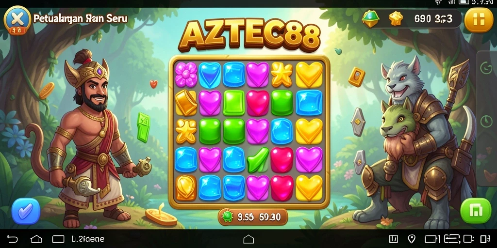 Screenshot gameplay AZTEC88 menampilkan kombinasi permata warna-warni yang menawan.