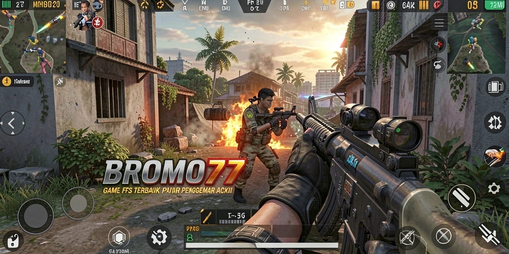 Tampilan layar gameplay BROMO77 dengan aksi menembak intens.