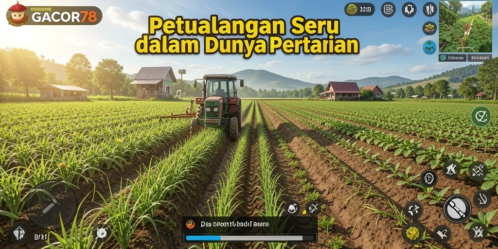 Screenshot gameplay GACOR78 menampilkan ladang yang subur dan beragam tanaman.