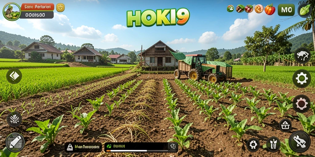 Screenshot HOKI9 menampilkan ladang pertanian virtual yang asri dan berwarna-warni.