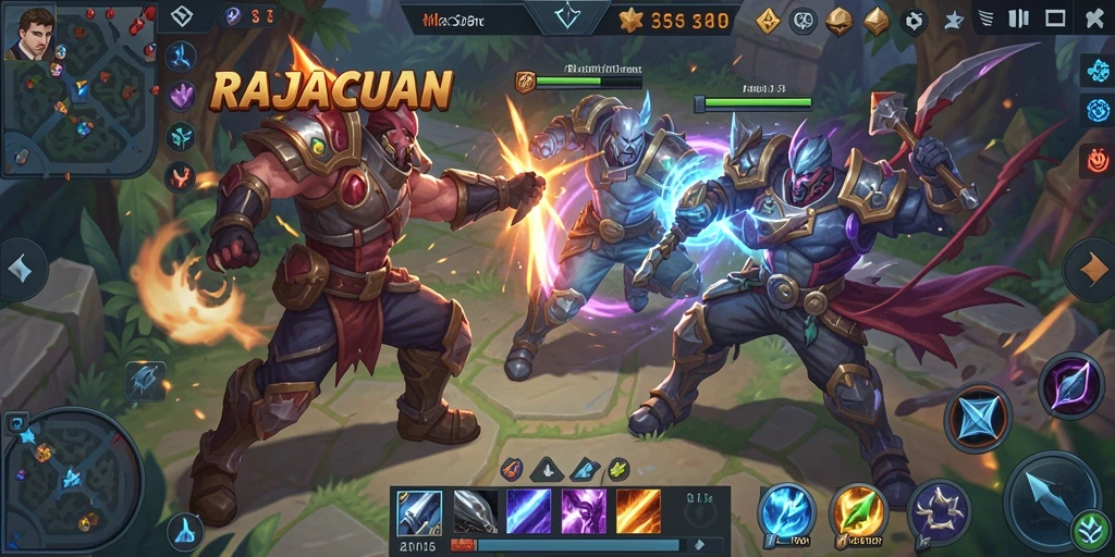 Screenshot menunjukkan momen intens dalam gameplay MOBA RAJACUAN.