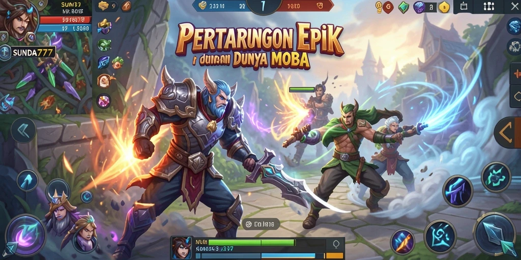 Tampilan dinamis gameplay SUNDA777 dalam pertarungan MOBA.